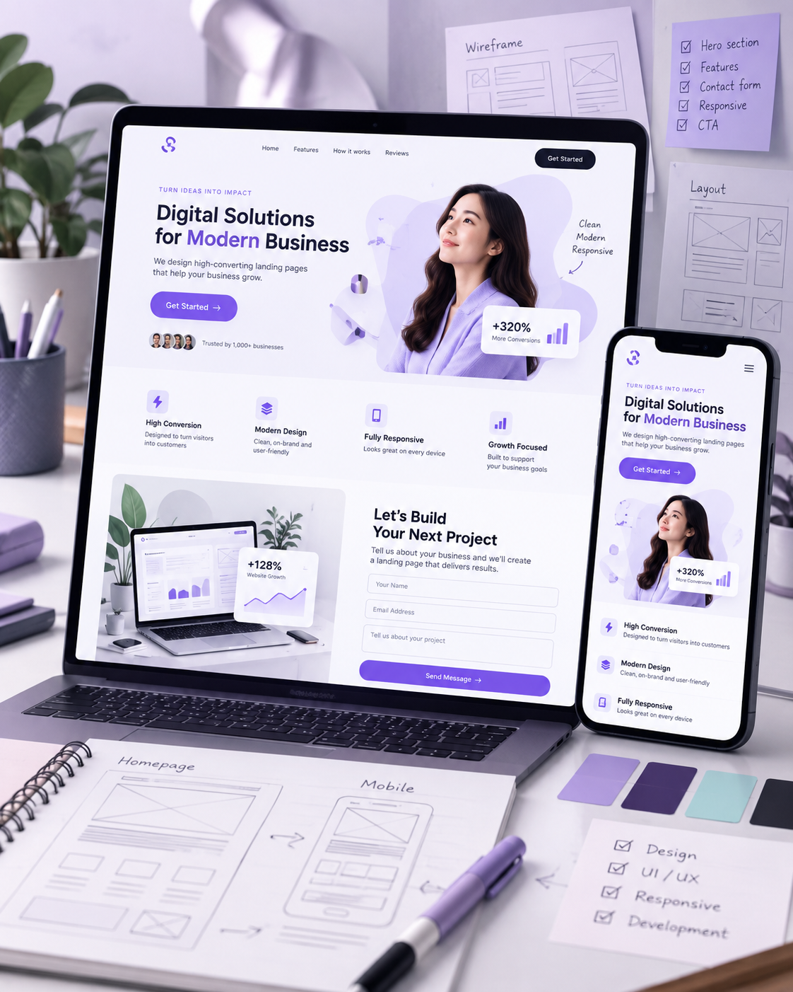 ภาพตัวอย่างการออกแบบ Landing Page แบบ Responsive บนหลายอุปกรณ์